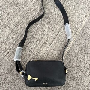 Fossil Black Leather Crossbody with Gold Key Charm